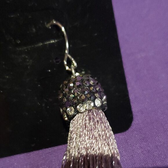 Designs By Liza Kim Purple Tassel Dangle Earrings Metallic Rhinestone Cap - Picture 6 of 8